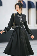 Black Mysterious Long Sleeves Chinese Style Single Breasted High Waisted Print Hanfu Dress - Product - 5