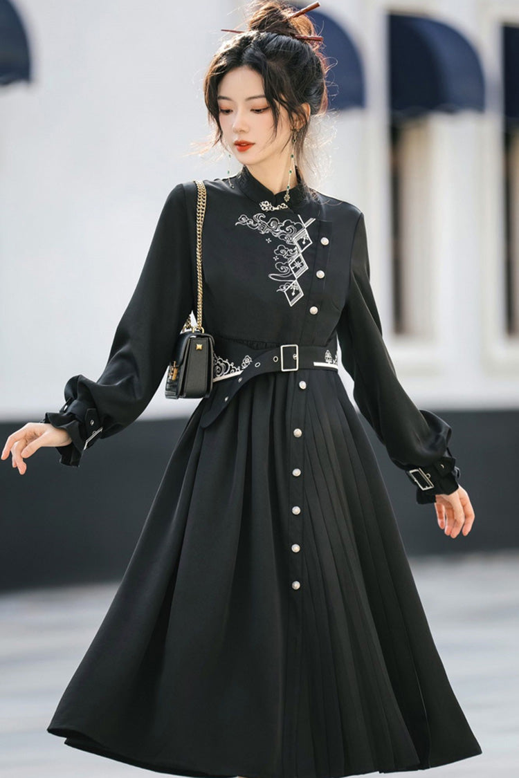 Black Mysterious Long Sleeves Chinese Style Single Breasted High Waisted Print Hanfu Dress - Product - 5