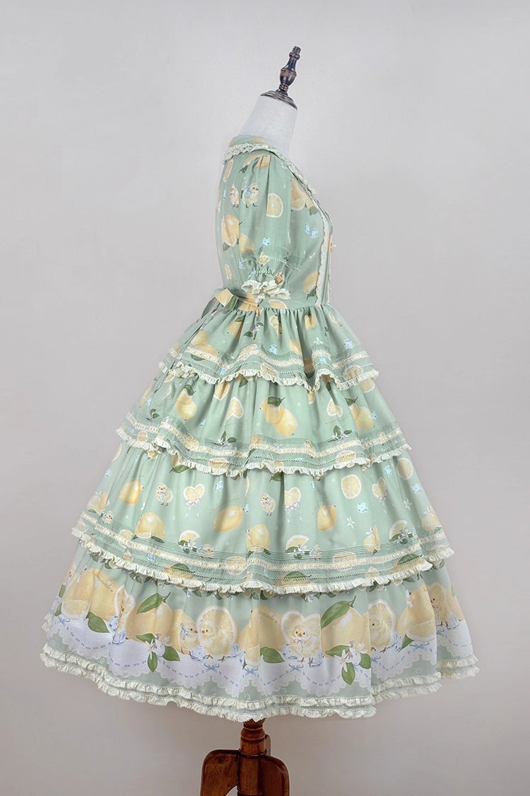 Green [Lemon Chicken] Short Sleeves Triple-Layered Print Ruffle Bowknot Lace Sweet Gorgeous Lolita Dress - Product - 8