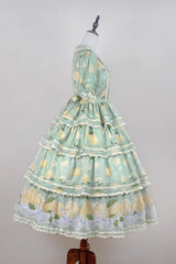 Green [Lemon Chicken] Short Sleeves Triple-Layered Print Ruffle Bowknot Lace Sweet Gorgeous Lolita Dress - Product - 8