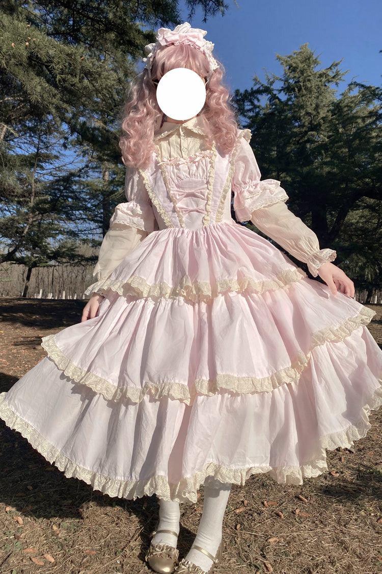 Pink Lapel Collar Long Sleeves High Waisted Multi-layer Bowknot Sweet Lolita Dress - Pink - 1