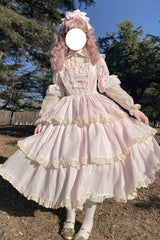 Pink Lapel Collar Long Sleeves High Waisted Multi-layer Bowknot Sweet Lolita Dress - Pink - 1