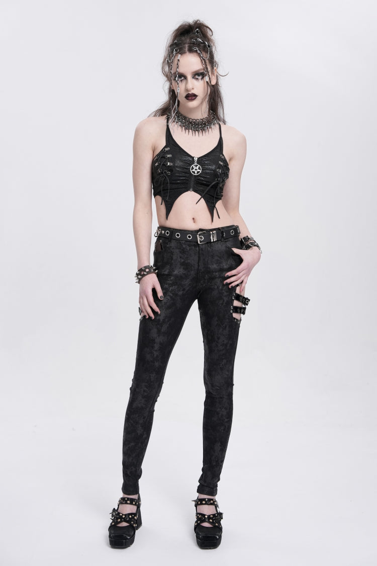 Black Print Cutout Buckle Women's Gothic Pants - Product - 10