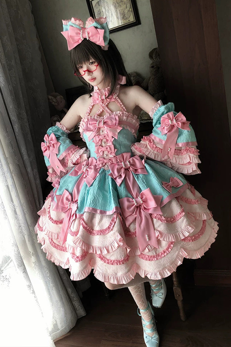 Pink/Green [Sweetheart Petals] Halterneck Sleeveless Multi-Layered Jacquard Ruffled Bow Pearl Detail Sweet Lolita Jsk Dress - Product - 6