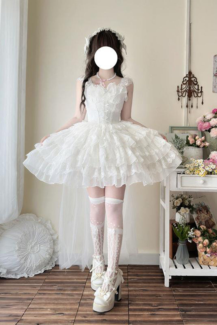 White [From Broken Wings to Rebirth] Sleeveless Multi-Layered Ruffle Bowknot Lace-Up Gothic Ballet Lolita Jsk Dress - Product - 7