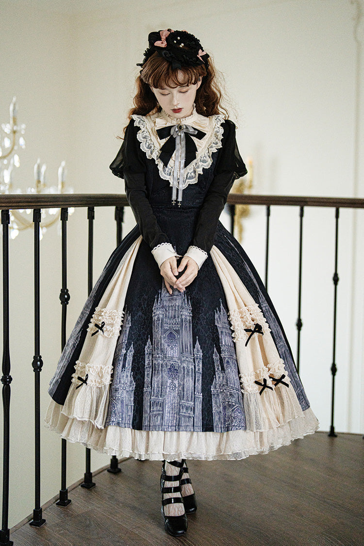 Black/White Church Bells Print Ruffle Cardigan Bowknot Gothic Elegant Lolita Dress - Product - 5