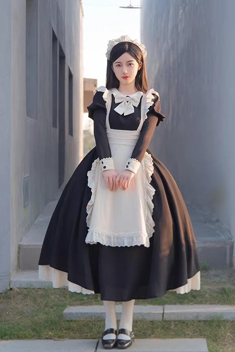 Black/White Round Collar Short Sleeves Ruffled Bow Sweet Elegant Lolita Maid Dress 2 Versions - Black/White(Long) - 6