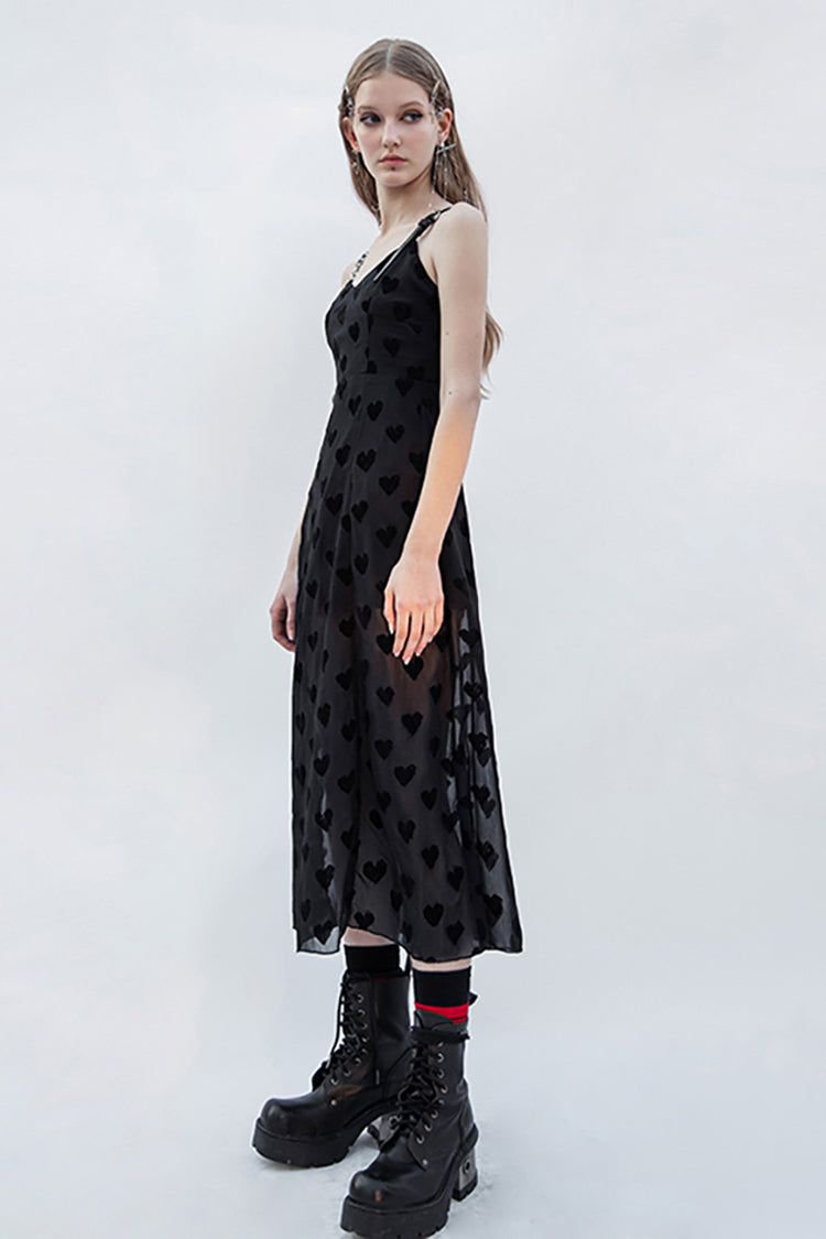 Black Heart Chiffon Waist Leather Sling Long Women's Gothic Dress - Product - 3