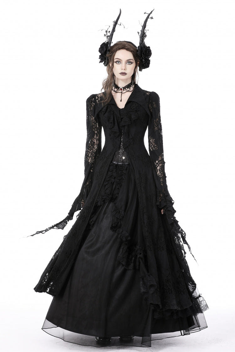 Black Lapel Collar Long Sleeves Ruffled Irregular Lace Lace-Up Women's Gothic Jacket Dress - Product - 9