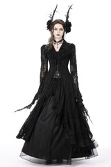 Black Lapel Collar Long Sleeves Ruffled Irregular Lace Lace-Up Women's Gothic Jacket Dress - Product - 9