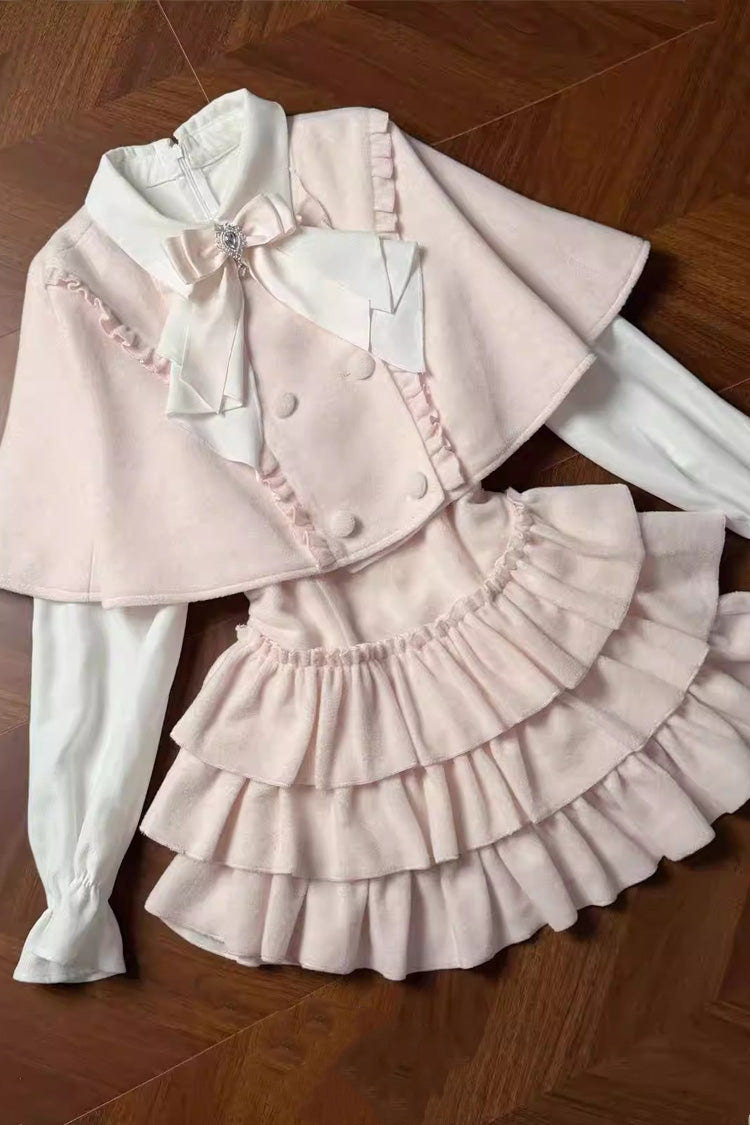 Pink [Cherry Blossom Snow] Lapel Collar Long Sleeves Triple-Layered Ruffled Bow Faux Two-Piece Sweet Lolita Dress - Product - 7