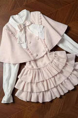 Pink [Cherry Blossom Snow] Lapel Collar Long Sleeves Triple-Layered Ruffled Bow Faux Two-Piece Sweet Lolita Dress - Product - 7