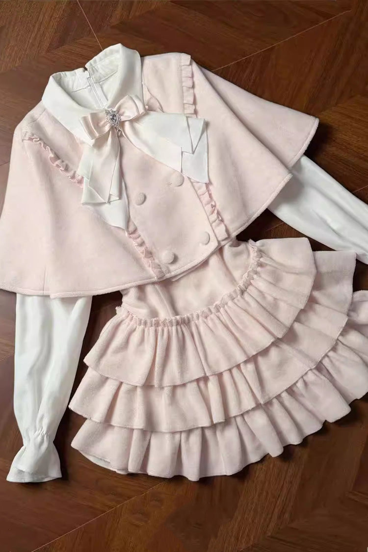 Pink [Cherry Blossom Snow] Lapel Collar Long Sleeves Triple-Layered Ruffled Bow Faux Two-Piece Sweet Lolita Dress - Product - 7