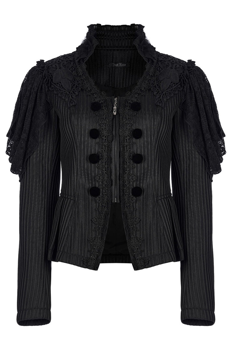 Black Gothic Lace Jacquard Double Row Velvet Button Metal Zip Back Lace Up Women's Jacket - Product - 5