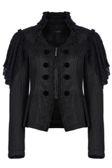 Black Gothic Lace Jacquard Double Row Velvet Button Metal Zip Back Lace Up Women's Jacket - Product - 5