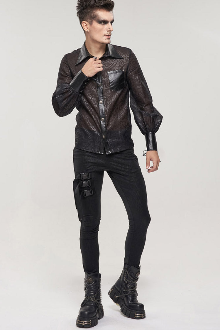 Black Punk Vertical Pattern Printing Cuff Drawstring Decoration See-Through Men's Shirt - Product - 9