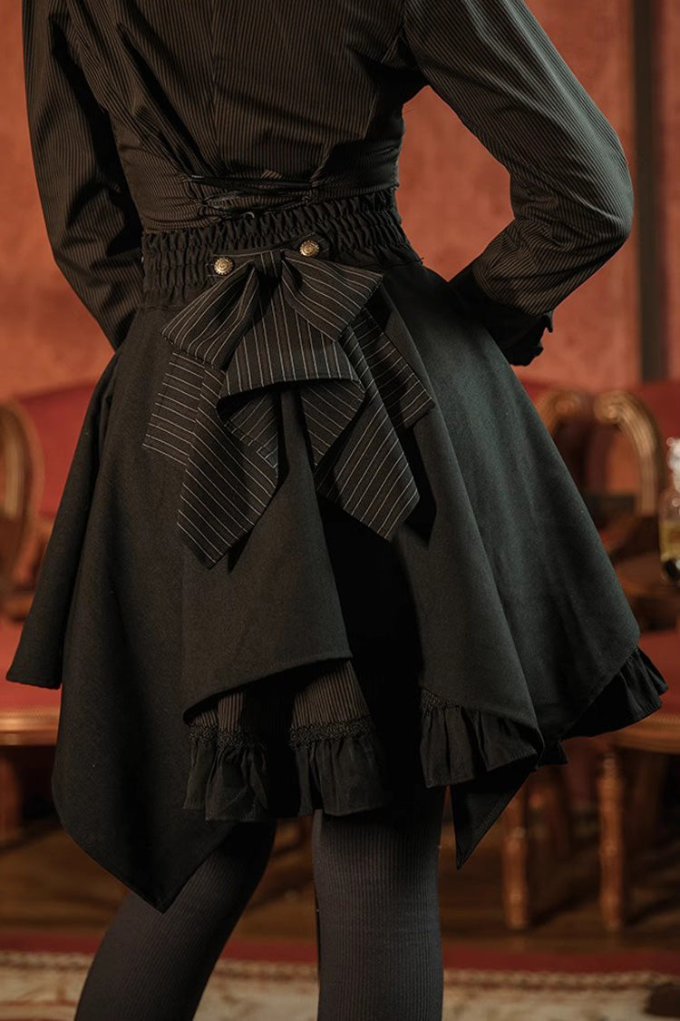Black High Waisted Striped Print Button Leather Girdle Stitching Gothic Skirt - Product - 6
