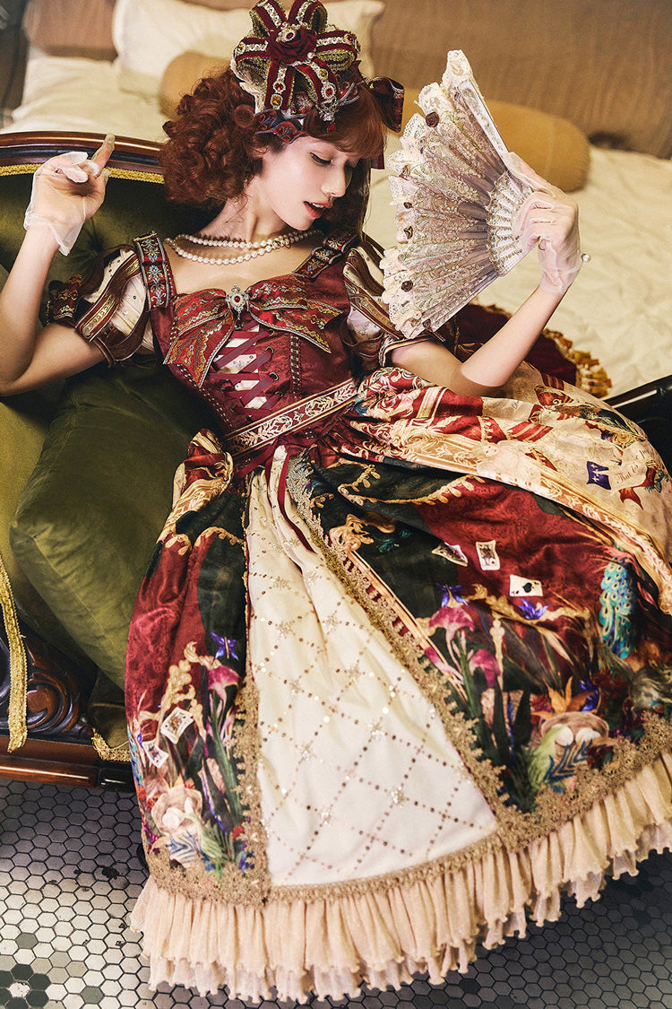Red [Kaleidoscope of Dreams] Double-Layered Print Embroidery Bowknot Lace-Up Classic Vintage Gorgeous Lolita Dress - Product - 2