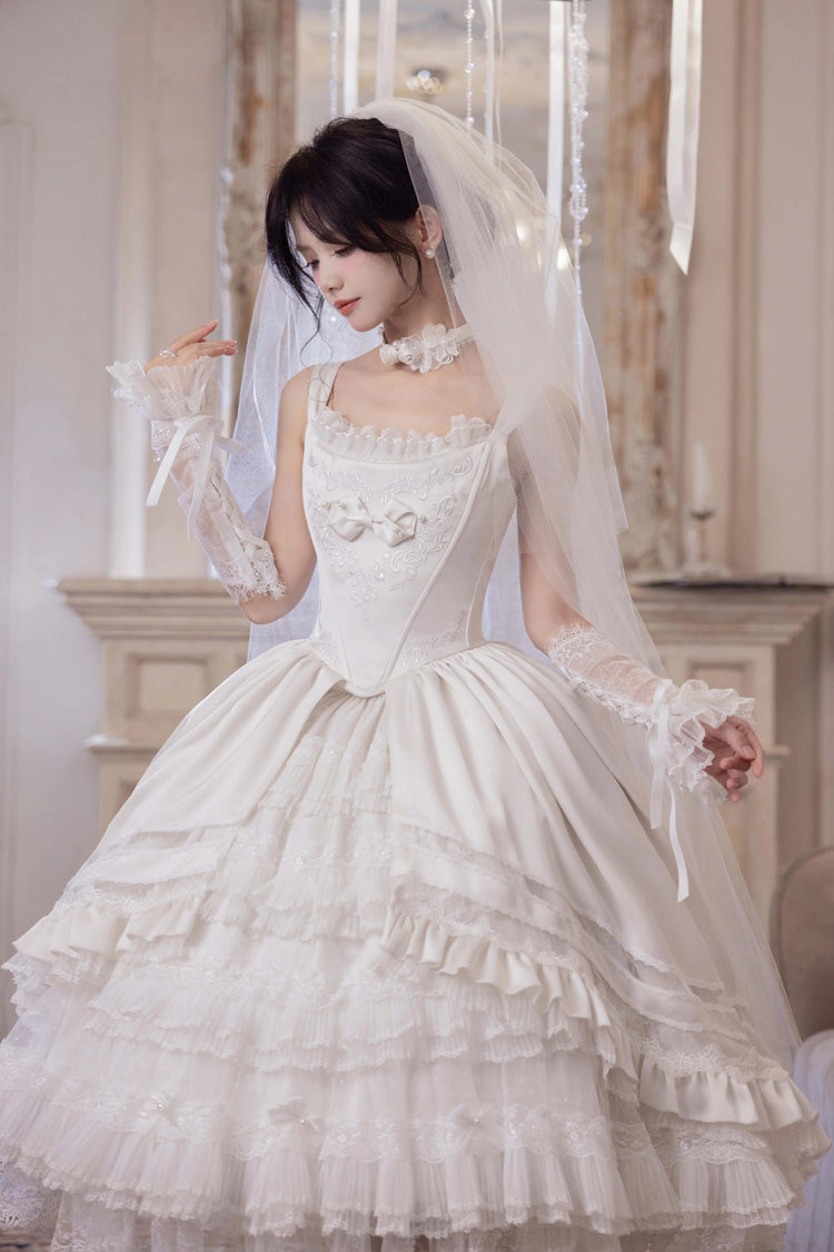 White [Promise of the Rose] Multi-Layered Ruffled Hanayome Open-Front Bow Sweet Gorgeous Lolita Jsk Dress Set - Product - 2