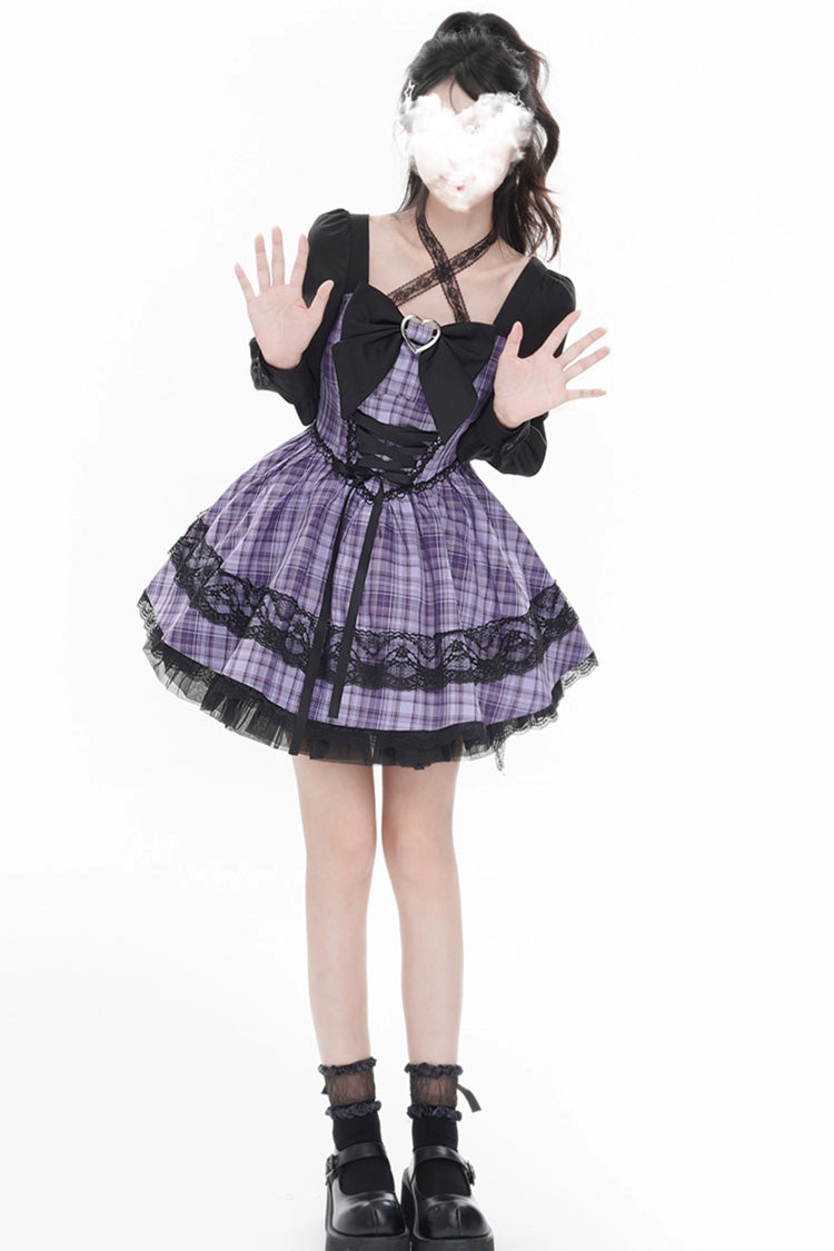 Purple [Witch Time] Long Sleeves Plaid Print Bowknot Lace Sweet Lolita Dress - Product - 3