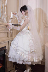 White [Promise of the Rose] Multi-Layered Ruffled Hanayome Open-Front Bow Sweet Gorgeous Lolita Jsk Dress Set - Product - 3