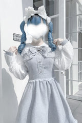 Grey Long Sleeves Bowknot Lace Pearl Sweet Jirai Kei Dress - Product - 6