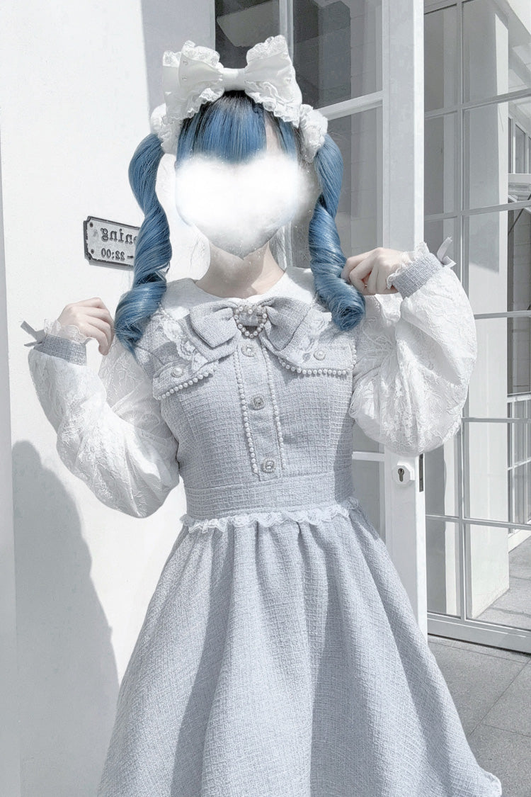 Grey Long Sleeves Bowknot Lace Pearl Sweet Jirai Kei Dress - Product - 6