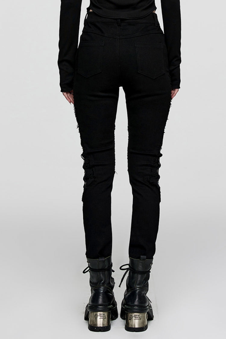 Black Stitching Slim Mesh Metal Eyelet Decoration Women's Steampunk Pants - Product - 3