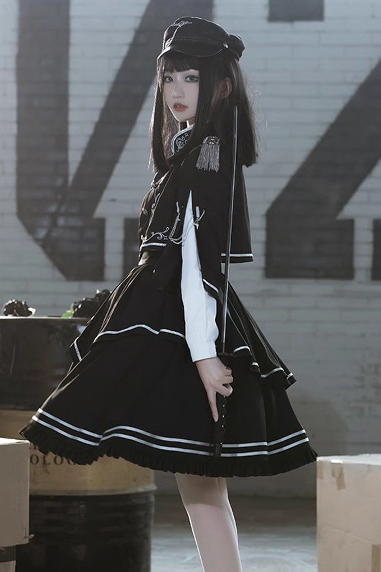 Black Battle of Thorns Print Ruffle Gothic Military Handsome Lolita Skirt - Product - 7