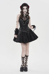 Black Off Shoulder Sleeveless Printed Spliced Lace Lace-Up Pleated Women's Gothic Dress - Product - 8