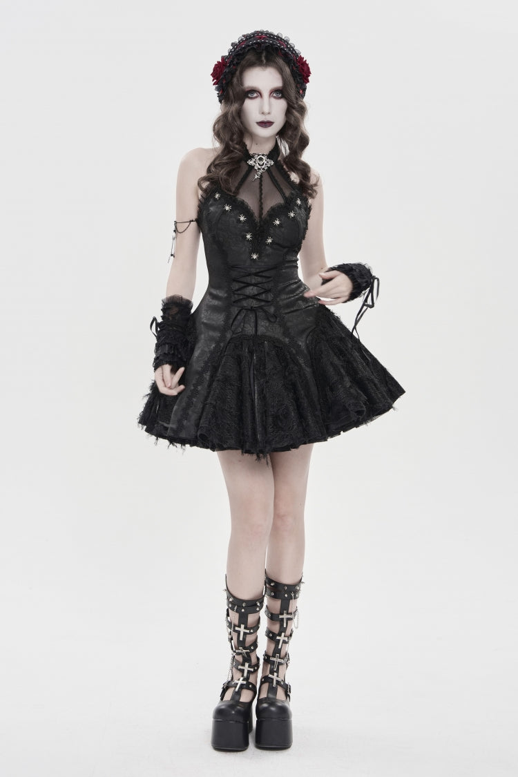Black Off Shoulder Sleeveless Printed Spliced Lace Lace-Up Pleated Women's Gothic Dress - Product - 8