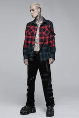 Red/Green Punk Plaid Simple Leather Loops Cotton asticity Men's Shirt - Product - 4