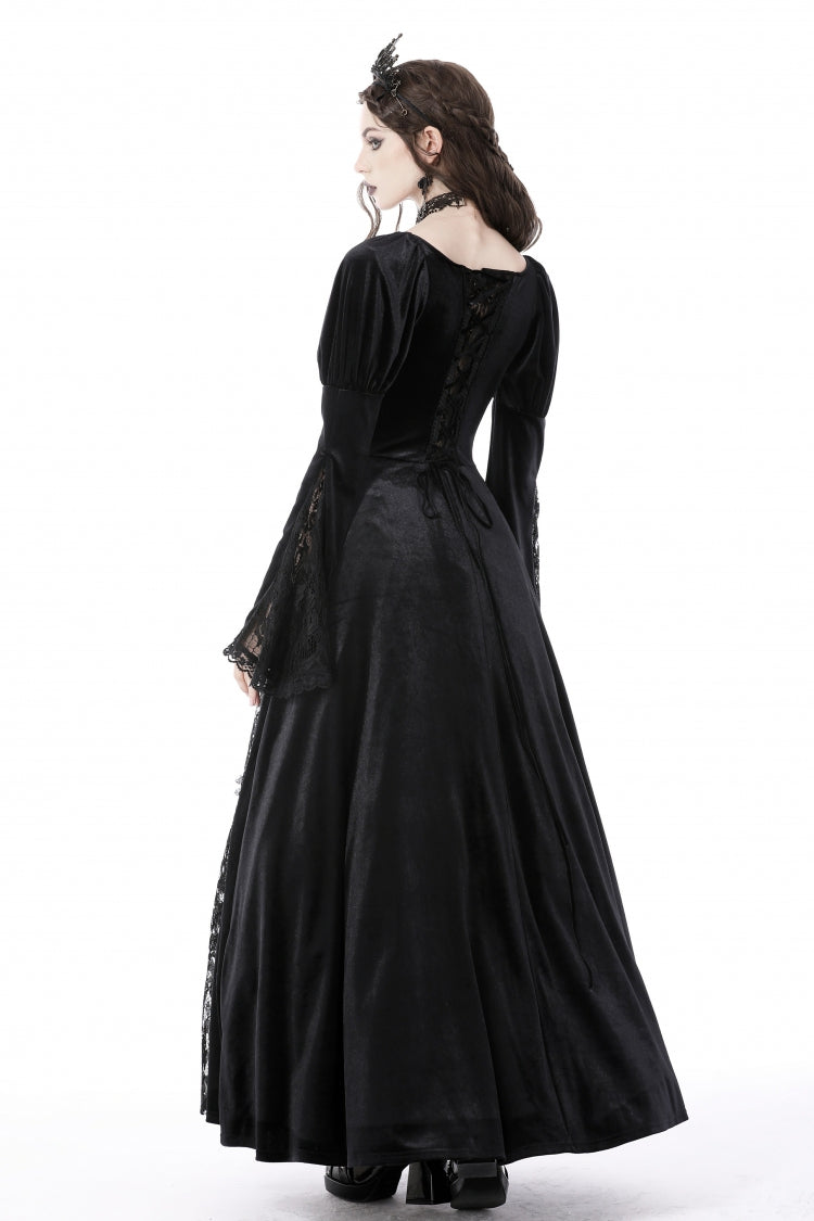 Black Long Puff Sleeves Spliced Lace Lace-Up Women's Gothic Vintage Velvet Wedding Dress - Product - 4