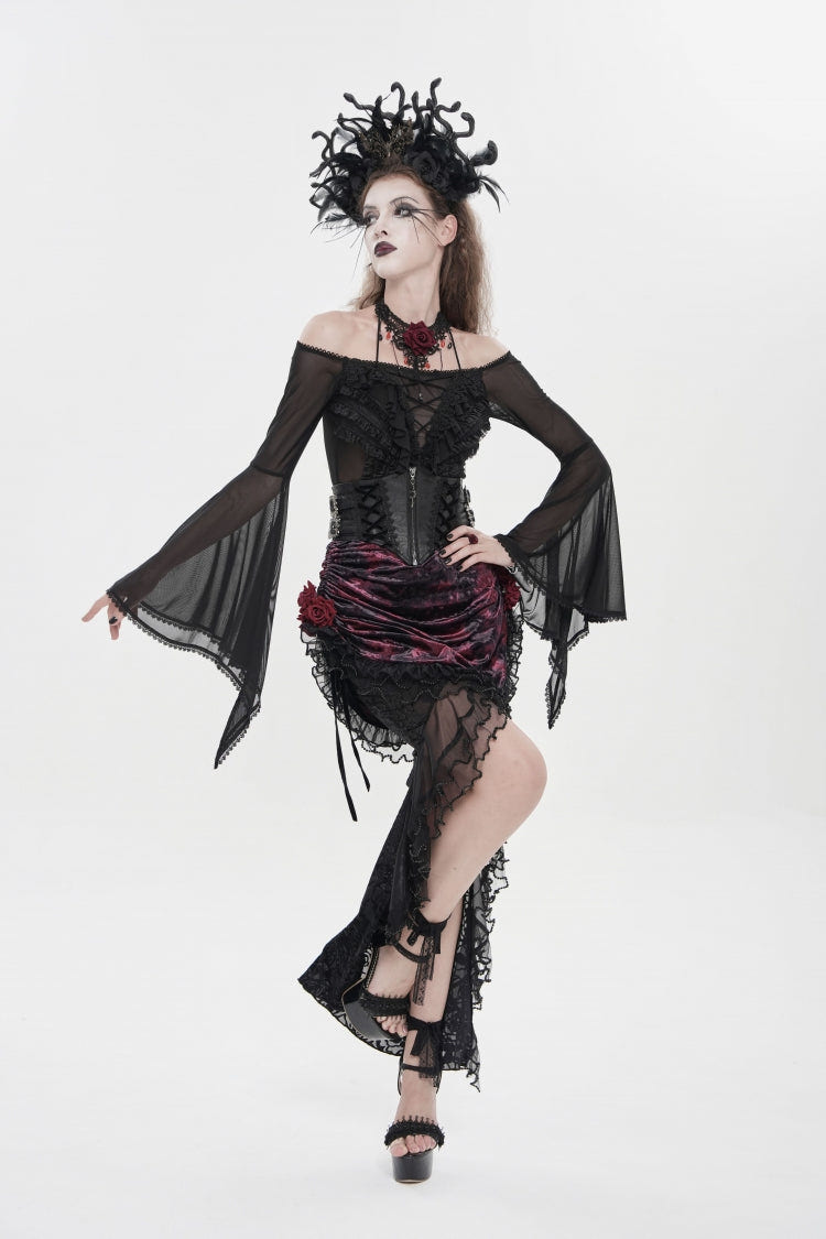 Black/Red Embroidered Rose Lace-up Irregular Women's Gothic Hem Skirt - Product - 10