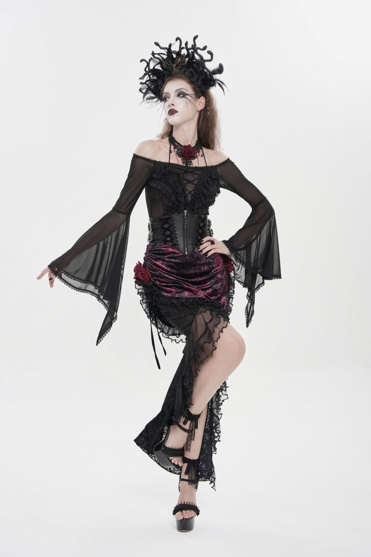 Black/Red Embroidered Rose Lace-up Irregular Women's Gothic Hem Skirt - Product - 10