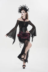 Black/Red Embroidered Rose Lace-up Irregular Women's Gothic Hem Skirt - Product - 10