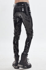 Black Punk Kneepad Shiny Leather Tight Mens Pants - Product - 3