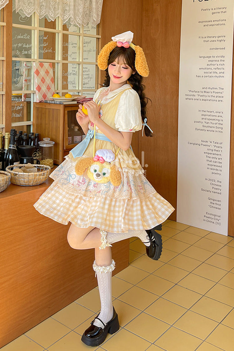 Yellow [Happy Day] Short Sleeves Triple-Layered Print Bowknot Lace Sweet Princess Lolita Dress - Product - 4