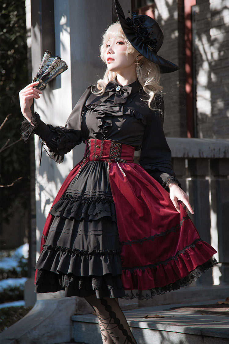Black/Red Stitching Cardigan Ruffled Multi-Layer Gothic Lolita Skirt Dress - Product - 2