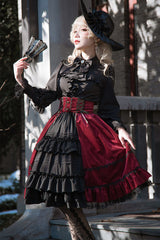 Black/Red Stitching Cardigan Ruffled Multi-Layer Gothic Lolita Skirt Dress - Product - 2