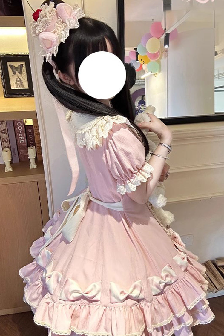 Pink [Striped Layered] Short Sleeves Multi-Layered Ruffle Bowknot Sweet Princess Lolita Tiered Dress - Product - 11