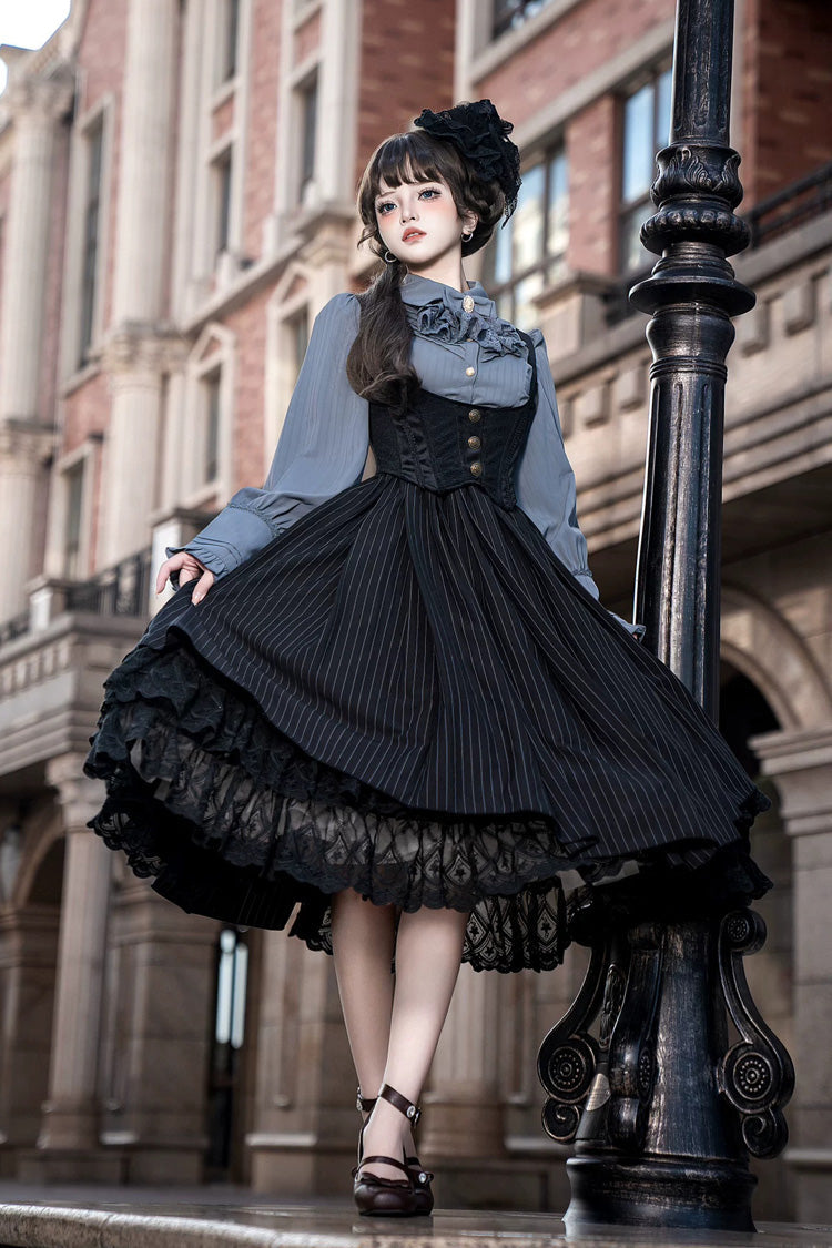 [Dreamlike Realm] Sleeveless Printed Ruffled Embroidered Bustier Elegant Sweet Lolita Jsk Dress 4 Colors - Black(Long) - 16