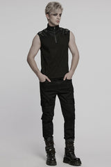 Black Stand Collar Sleeveless Stitching Mesh Zipper Men's Punk Vest - Product - 4