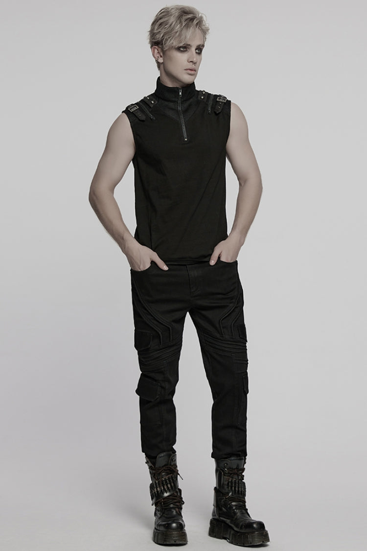 Black Stand Collar Sleeveless Stitching Mesh Zipper Men's Punk Vest - Product - 4
