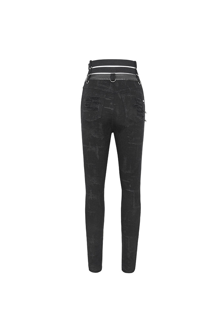 Black High Waisted Loophole Ripped Buckle Women's Punk Pants - Product - 10