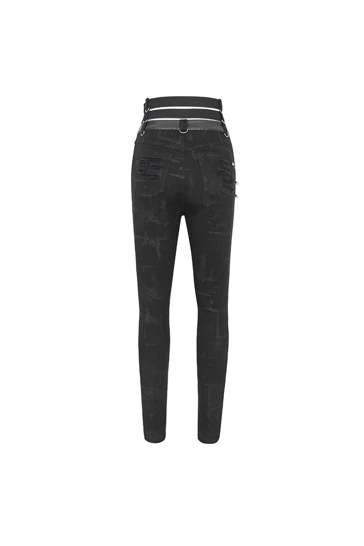 Black High Waisted Loophole Ripped Buckle Women's Punk Pants - Product - 10