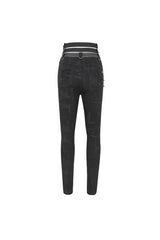 Black High Waisted Loophole Ripped Buckle Women's Punk Pants - Product - 10