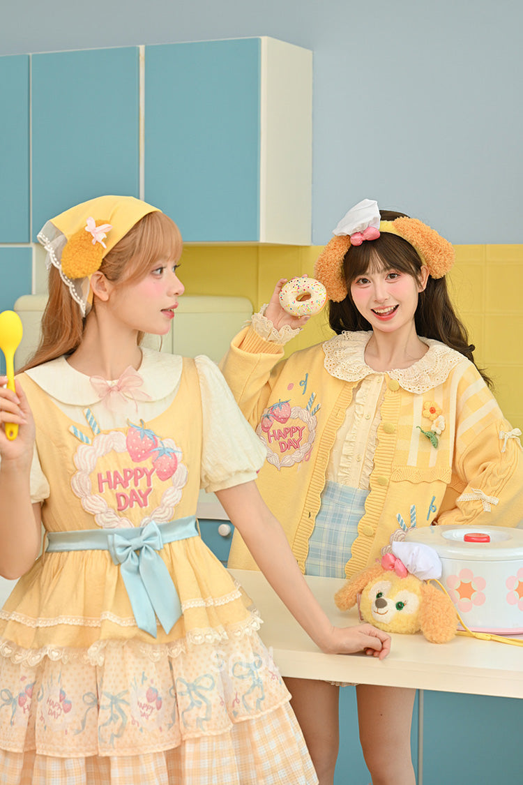 Yellow [Happy Day] Short Sleeves Triple-Layered Print Bowknot Lace Sweet Princess Lolita Dress - Product - 8
