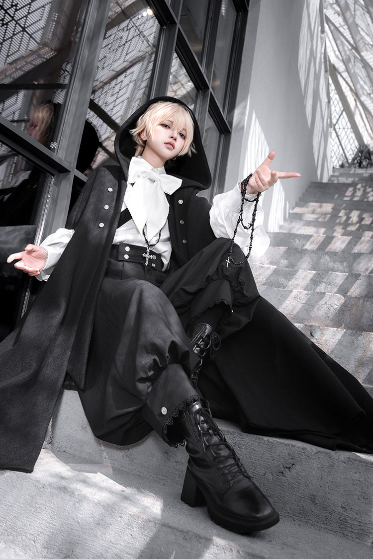 Black [Code 003] Long Sleeves Bow Vintage Elegant Prince Handsome Ouji Lolita Blouse Pants Cloak Set - Product - 8