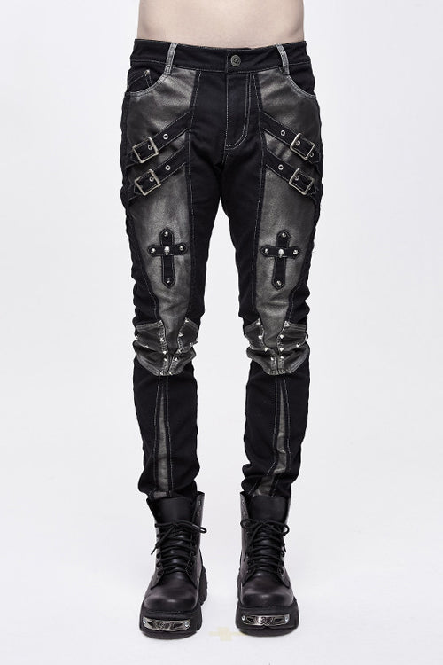 Black With Silver Punk Hand Rubbed Leather With Loops Mens Pants - Black/Silver - 1